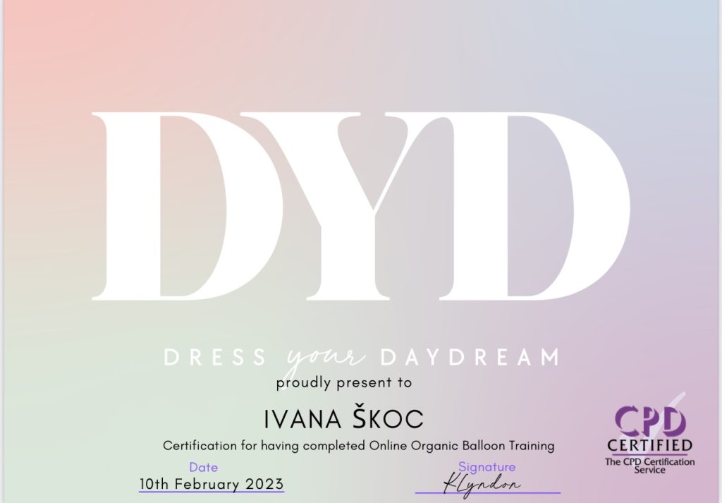 certifikat za balonskog dekoratera sa engleske akademije Dress Your Daydream-Katherine Lyndon